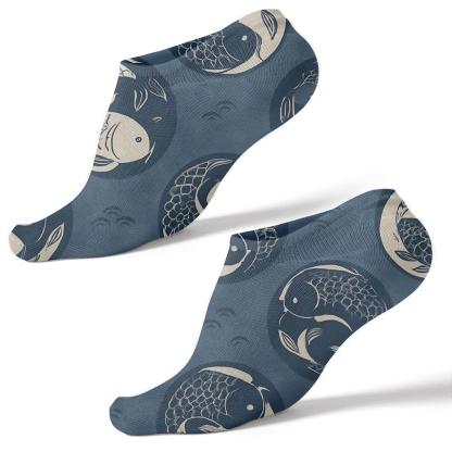 Indigo Koi Duality Spiral Tiles designer print ankle socks