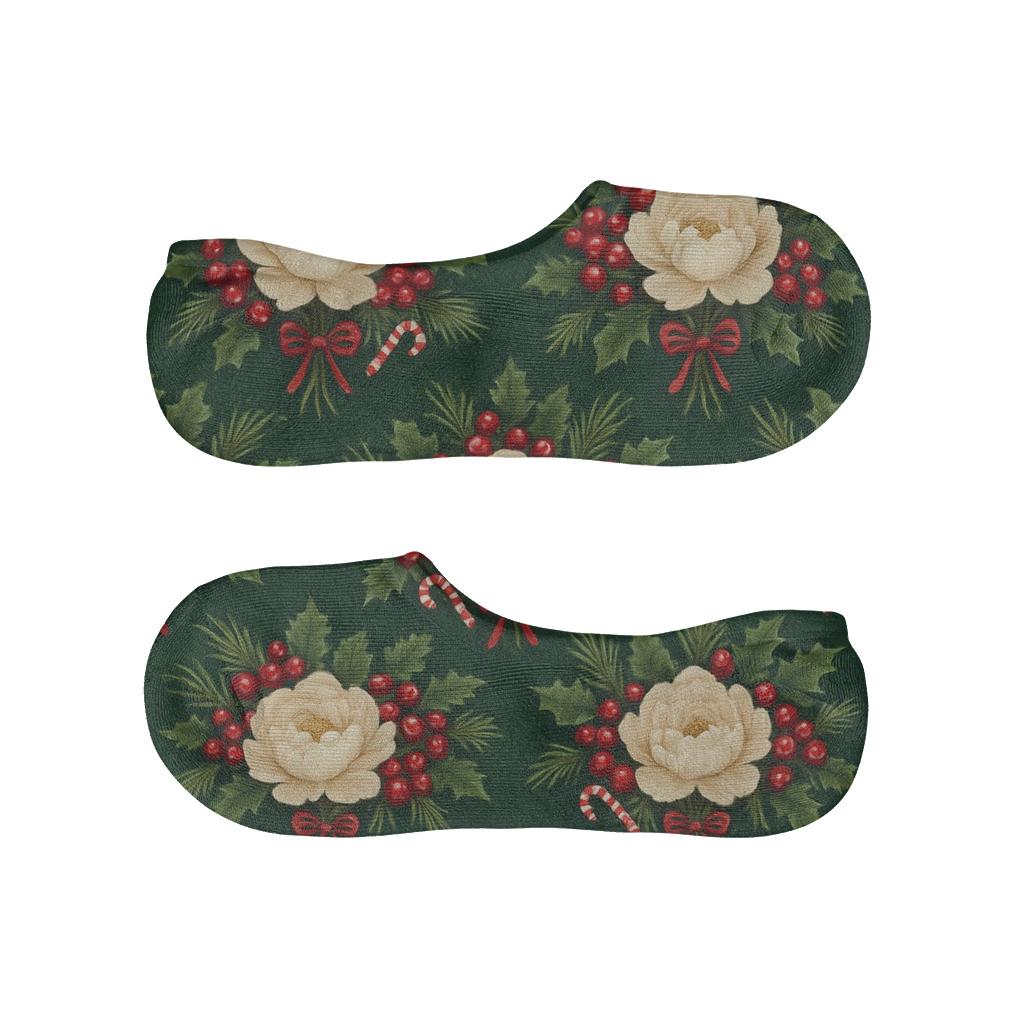 Holly Peony Lattice On Deep Evergreen Background soft cotton no-show socks