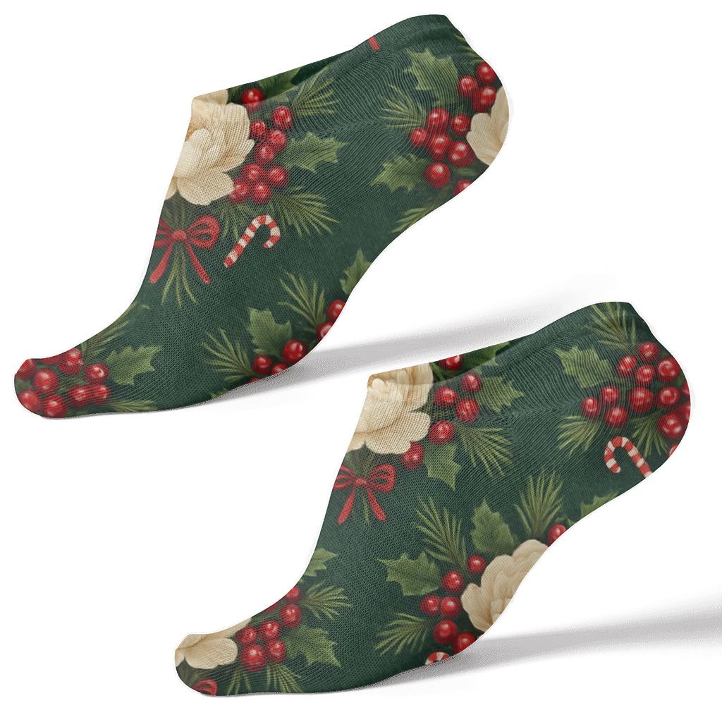 Holly Peony Lattice On Deep Evergreen Background trendy patterned ankle socks
