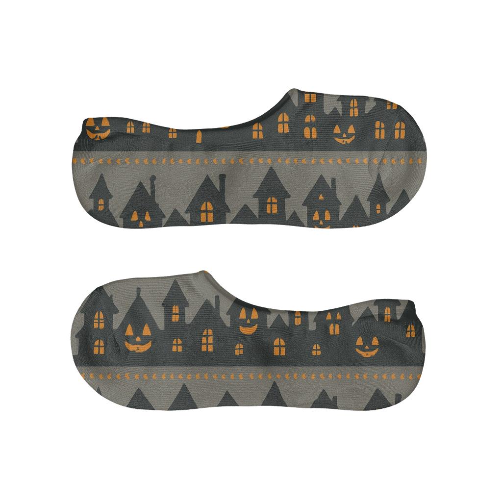 Haunted House Silhouette Striping With Pumpkin Windows On Proper Background breathable no-show socks