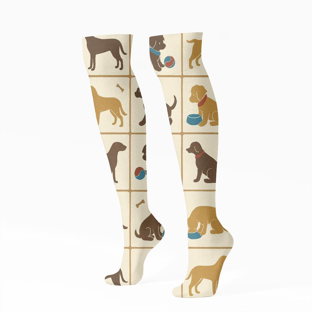 Puppy Parade With Dog Silhouettes In Retro Poster Tiles trendy patterned knee-high socks
