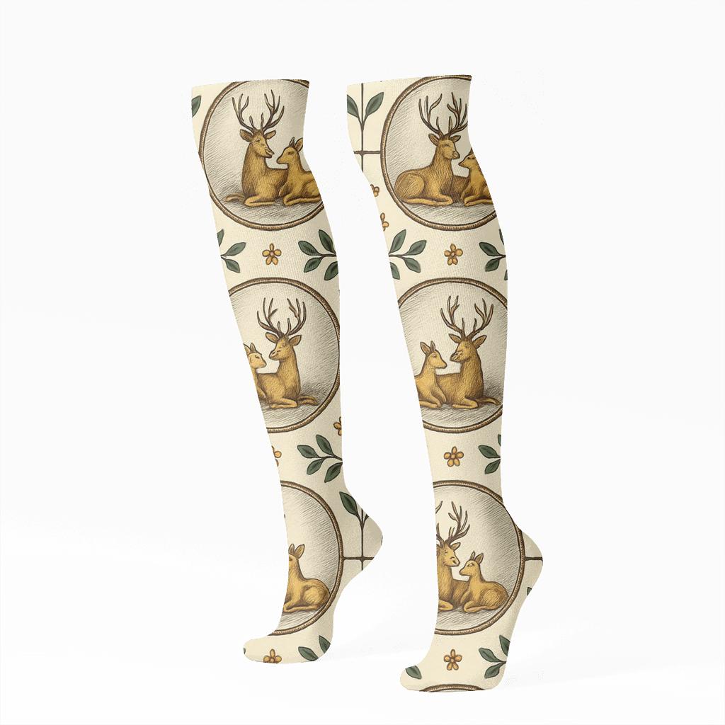 Botanical Poster Medallions With Deer Pair premium sports knee-high socks