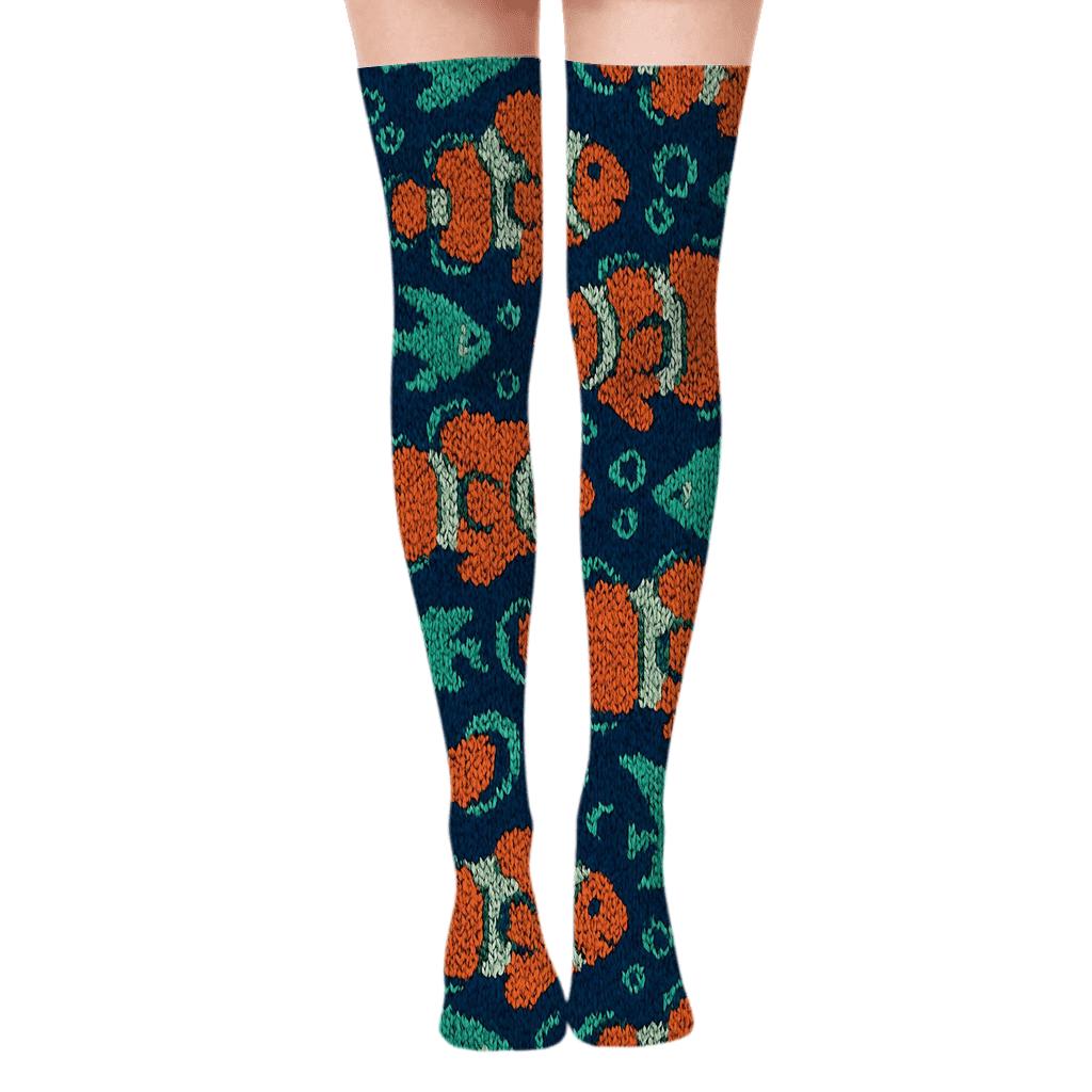 Knitted Reef Party Fish Tiling unique graphic over-the-knee socks