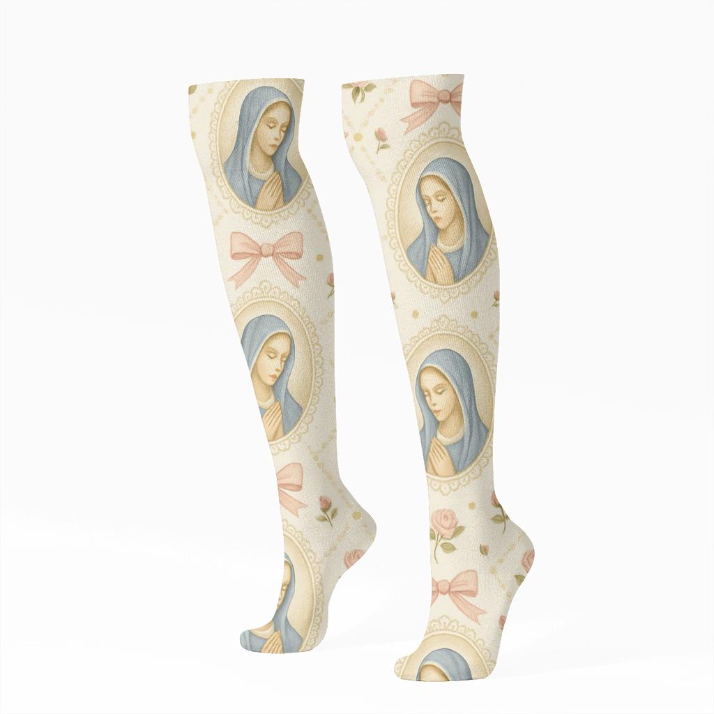 Cameo Lattice With Mary In Blue Cloak premium sports knee-high socks