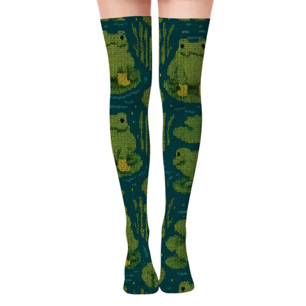 Knitted Pond Frogs Pattern Illusion unique graphic over-the-knee socks