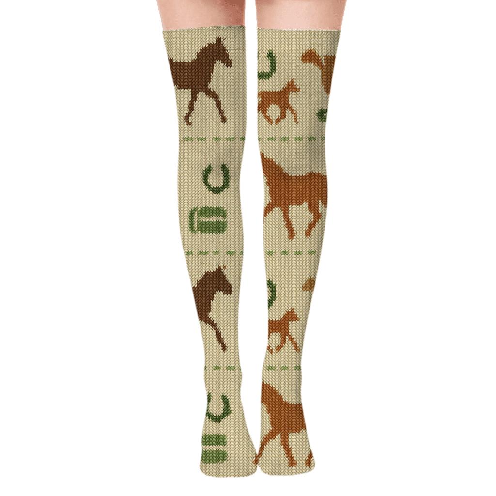 Knitted Horse Meadow Tiling designer print over-the-knee socks