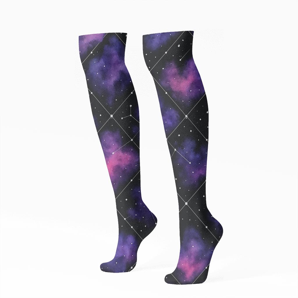 Cosmic Purple Nebula Watercolor Constellation Grid On Black premium sports knee-high socks