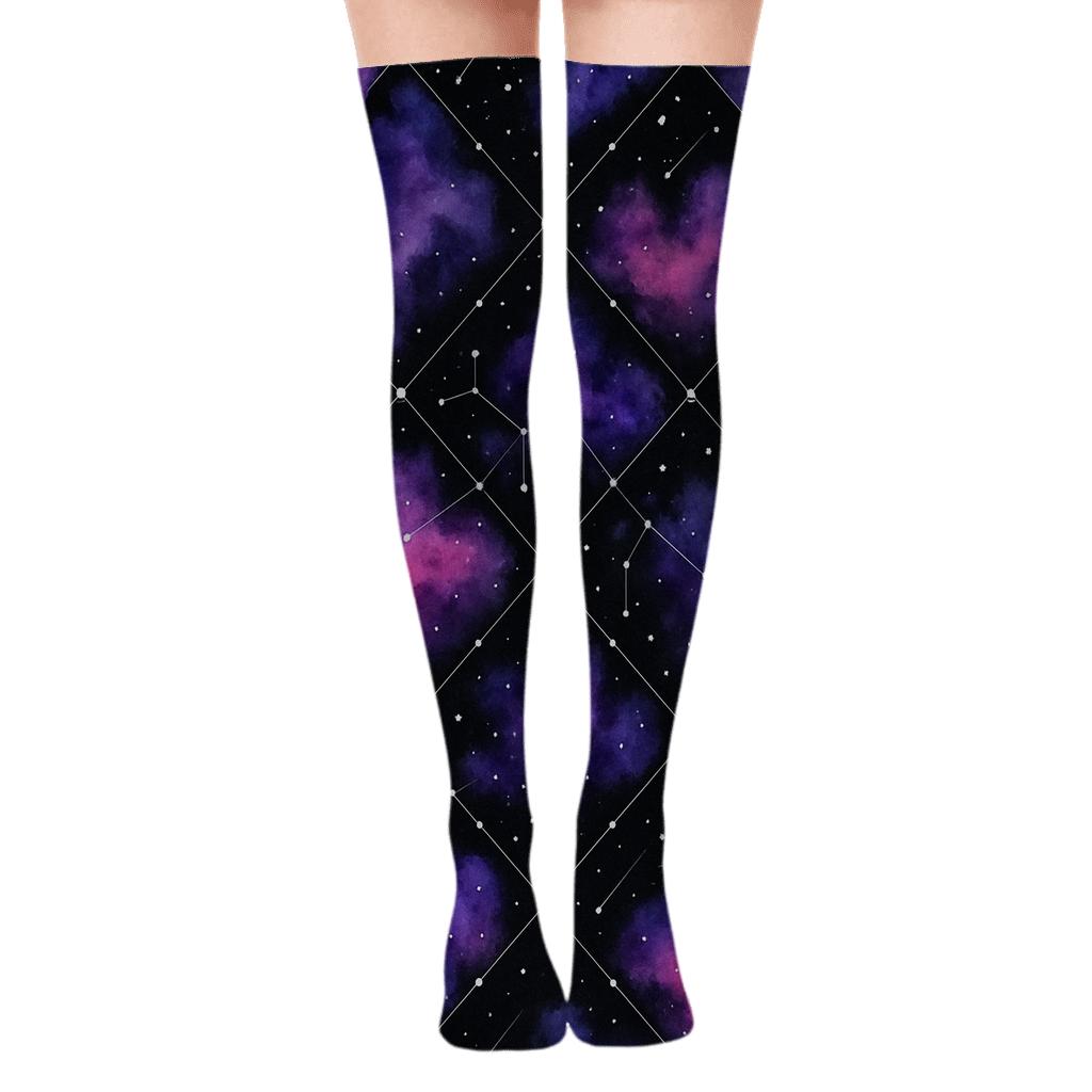 Cosmic Purple Nebula Watercolor Constellation Grid On Black trendy patterned over-the-knee socks