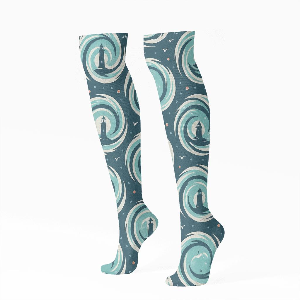Whirlpool Lighthouse Nautical Tilework unique graphic knee-high socks