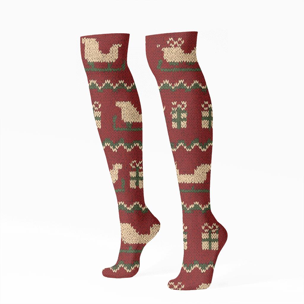 Knitted Runner Rhythm Pattern With Sleigh Icons premium sports knee-high socks