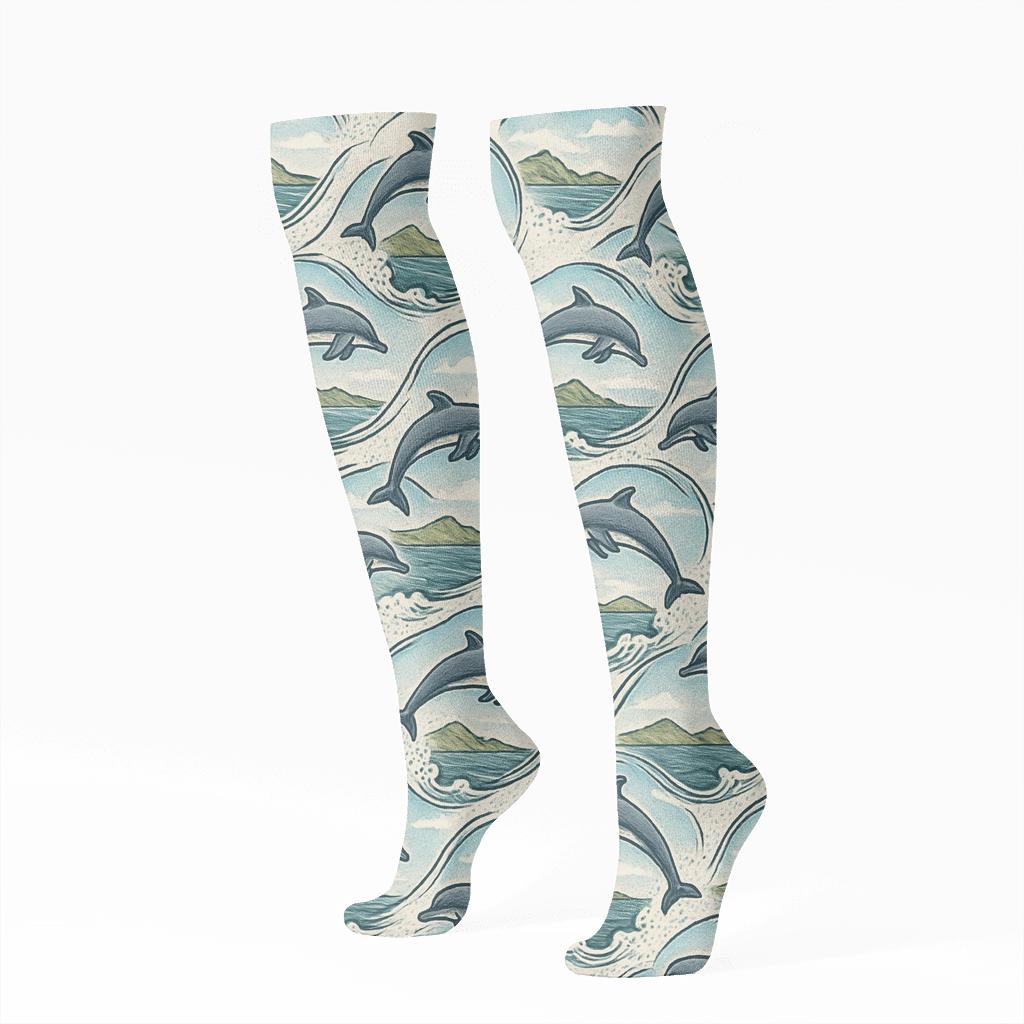 Coastal Landscape Wrapping Pattern With Dolphin premium sports knee-high socks