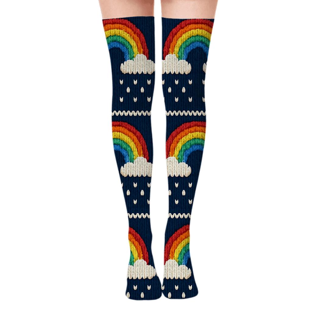 Rainbow Knit Illusion Cable Rows On Midnight Navy custom over-the-knee socks