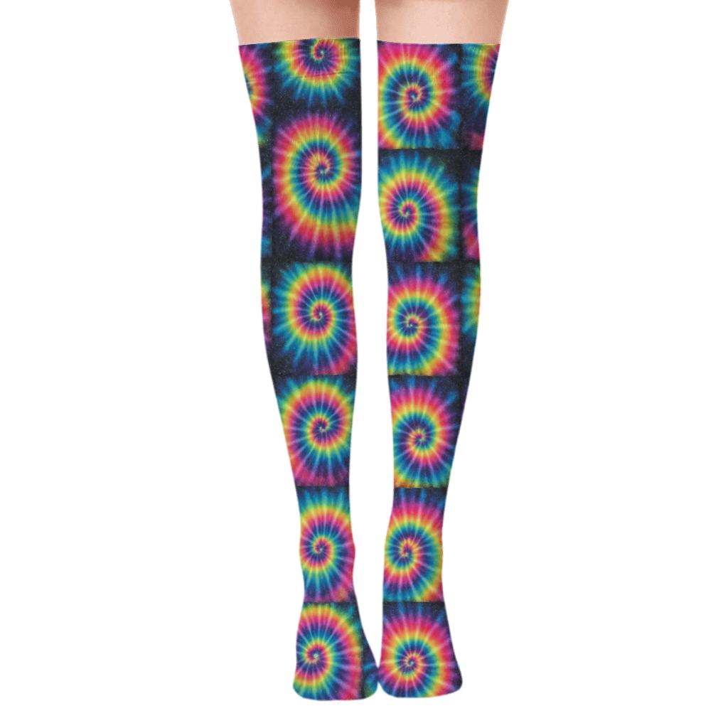 Neon Spiral Tile Lattice On Charcoal Background unique graphic over-the-knee socks