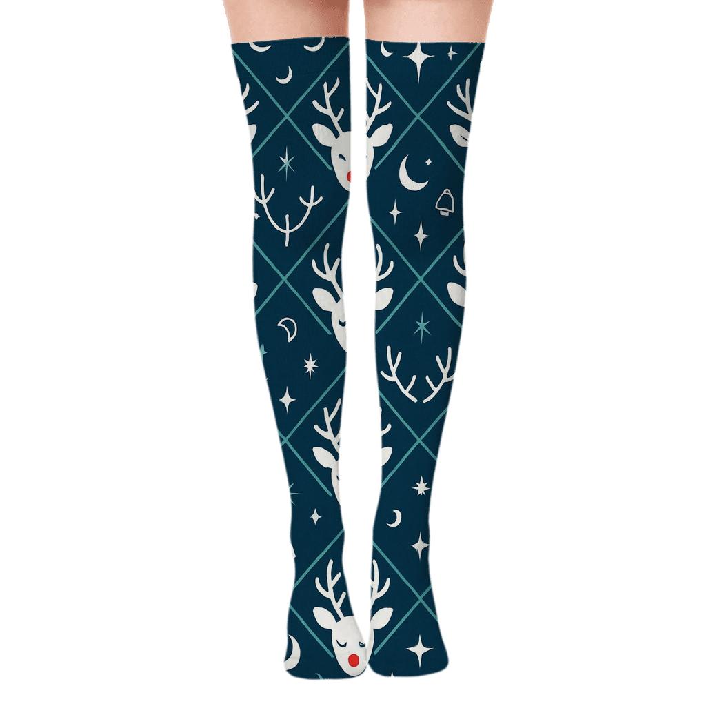 Geometric Reindeer Tessellation With Rudolph stylish fashion over-the-knee socks