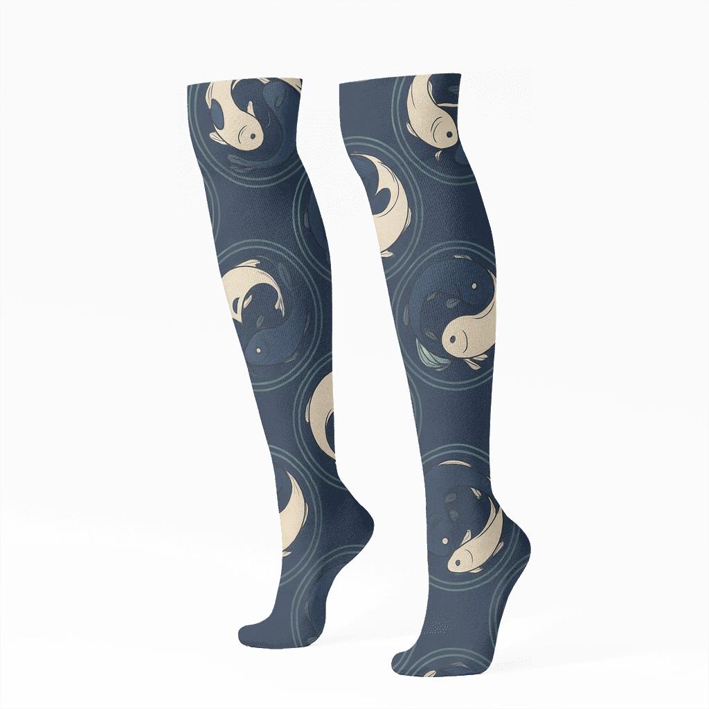 Indigo Koi Duality Spiral Tiles trendy patterned knee-high socks