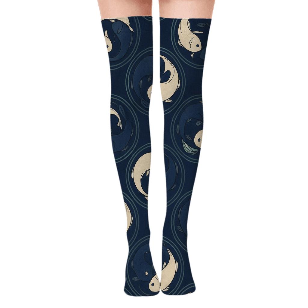 Indigo Koi Duality Spiral Tiles unique graphic over-the-knee socks