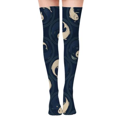 Indigo Koi Duality Spiral Tiles unique graphic over-the-knee socks