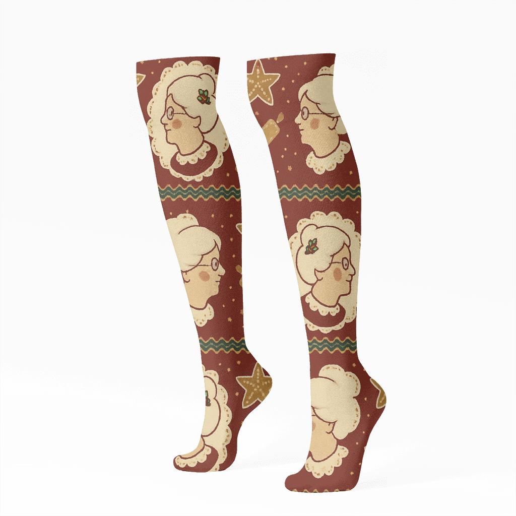 Apron Lattice Rhythm With Mrs. Claus Silhouettes comfortable cotton knee-high socks