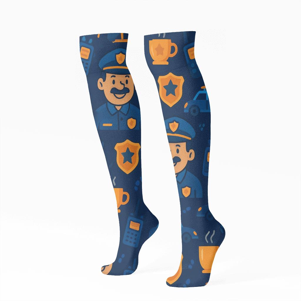 Midnight Coffee Break Security Guard Collage Repeat trendy patterned knee-high socks