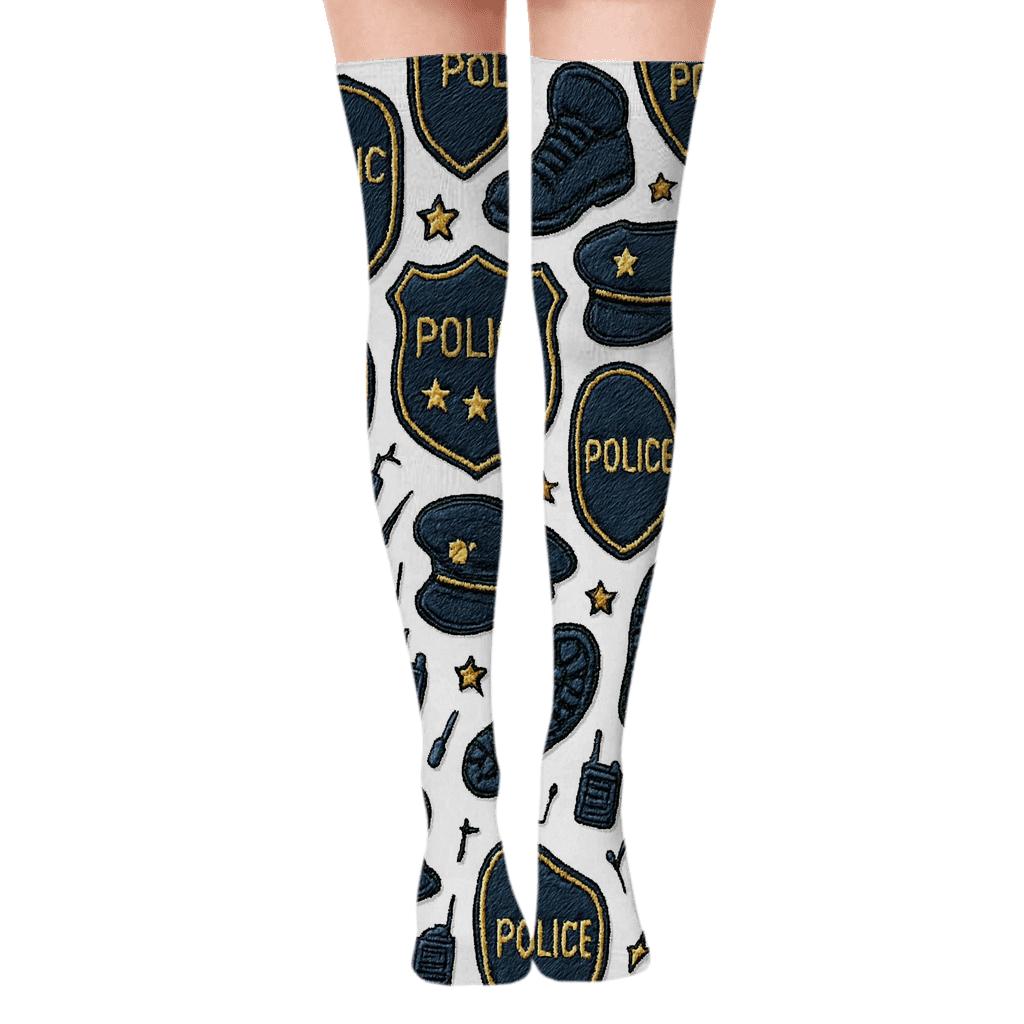 Embroidery Patch Illusion Police Officer Crest Tessellation unique graphic over-the-knee socks