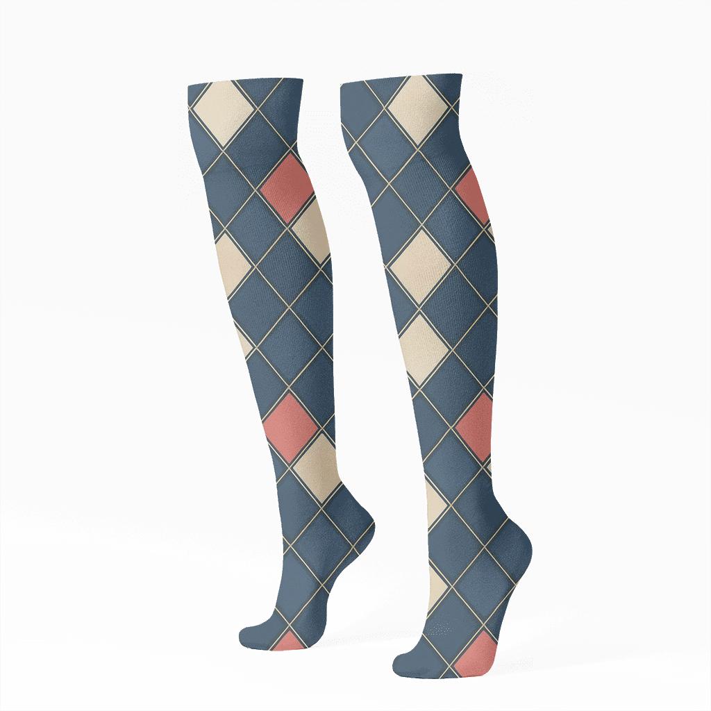 Diagonal Diamond Check With Tonal Gradient Tiles On Deep Charcoal Background trendy patterned knee-high socks