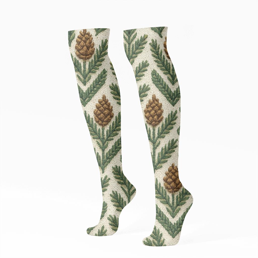 Nordic Cable Knit Evergreen Branches stylish athletic knee-high socks