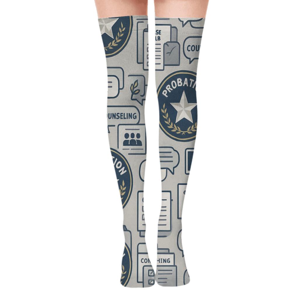 Courtroom Collage Pattern For Probation Officer Support designer print over-the-knee socks