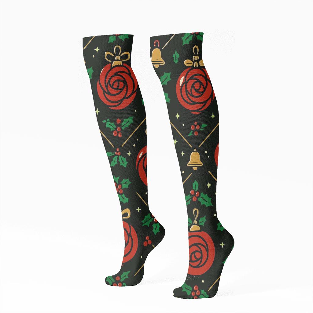 Crimson Rose Ornaments Lattice On Midnight Black Background personalized knee-high socks