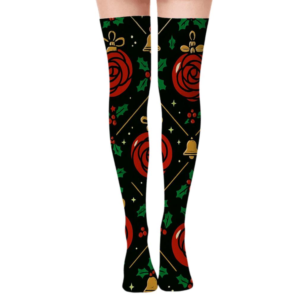 Crimson Rose Ornaments Lattice On Midnight Black Background premium cozy over-the-knee socks