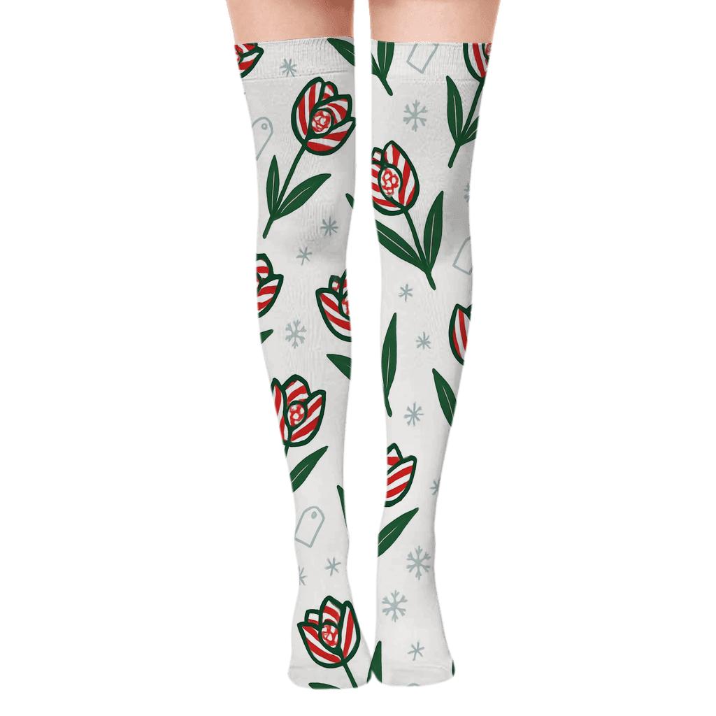 Candy Cane Tulip Diagonal Stripe Repeat On Snow White Background unique graphic over-the-knee socks