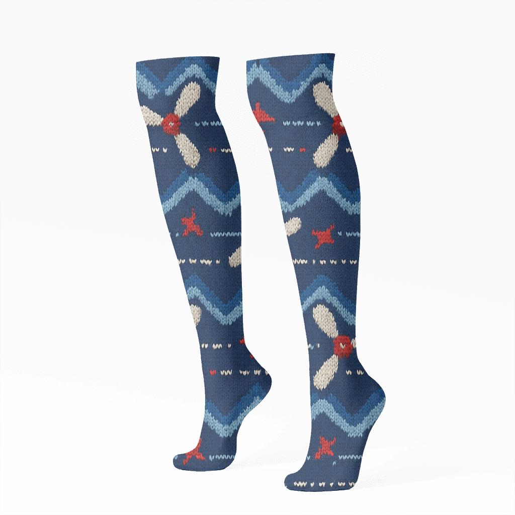 Propeller Chevron Airplane Knit Illusion premium sports knee-high socks