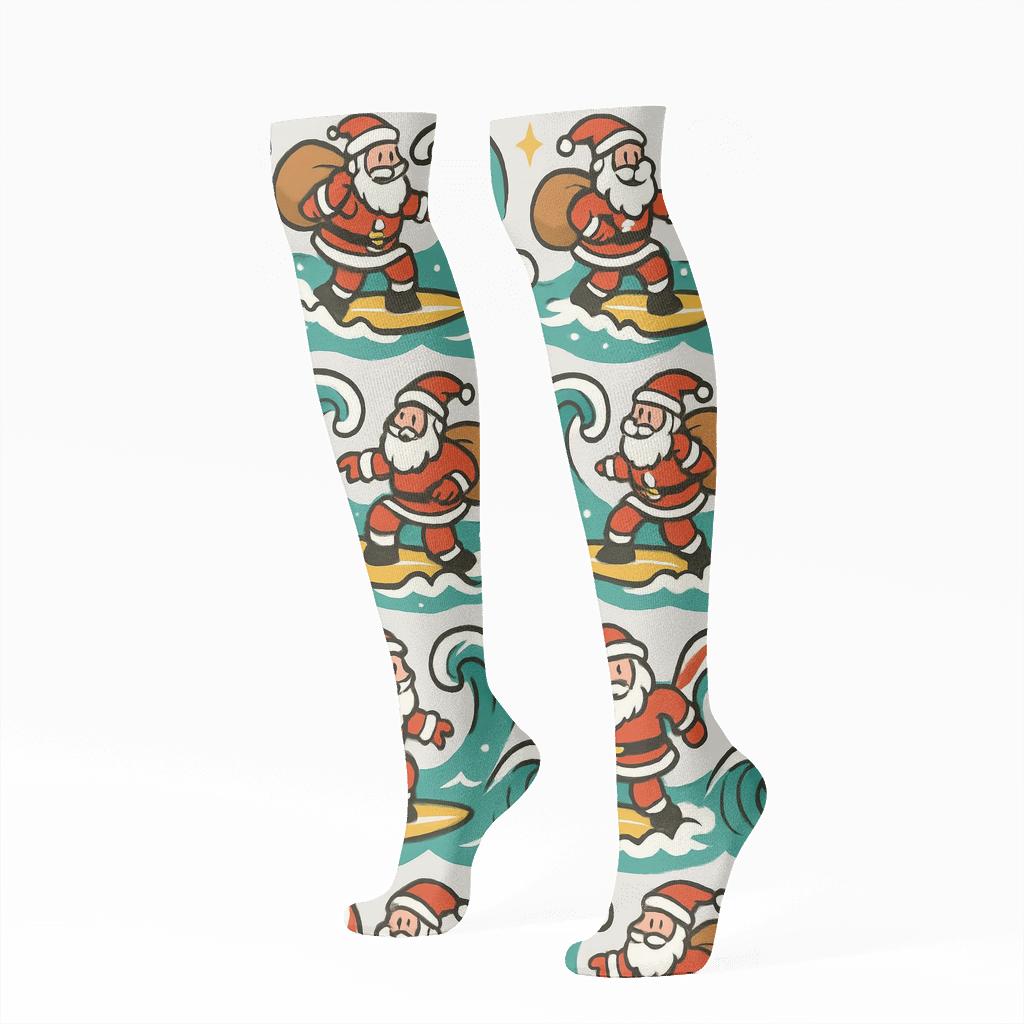 Santa Surfing Xmas Wave Repeat unique graphic knee-high socks