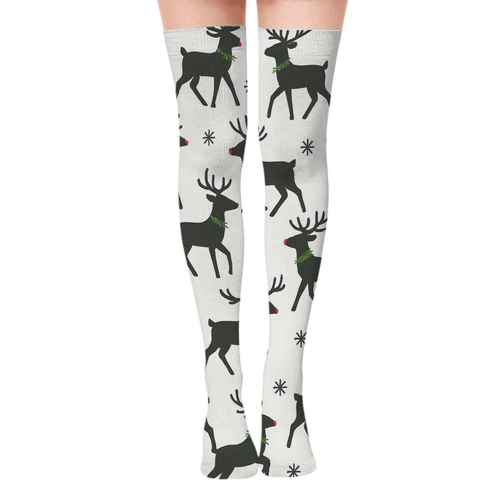 Minimalist Reindeer Silhouette Lattice On White Background designer print over-the-knee socks