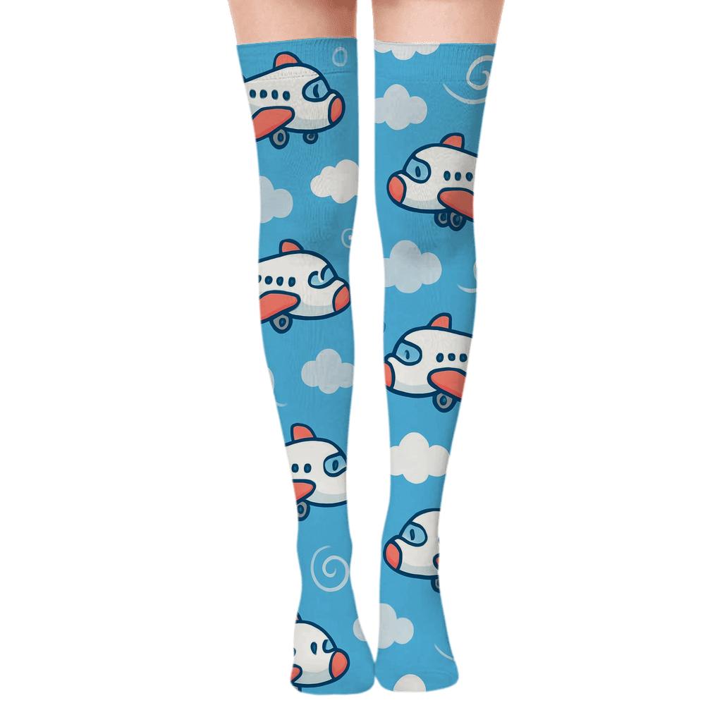 Playful Airplane Race Scatter On Sky Blue custom over-the-knee socks