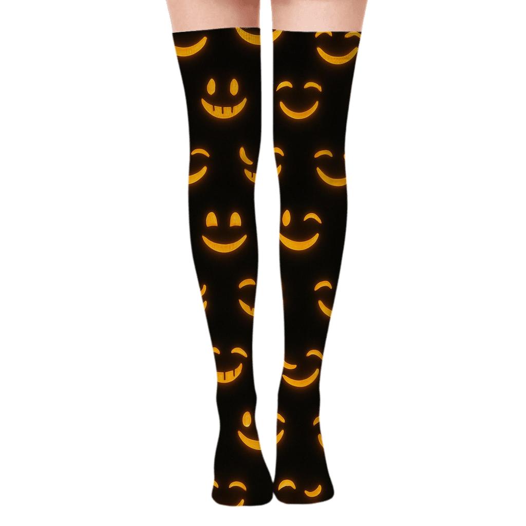 Jack O Lantern Smile Wave Repeat On Black Background premium cozy over-the-knee socks