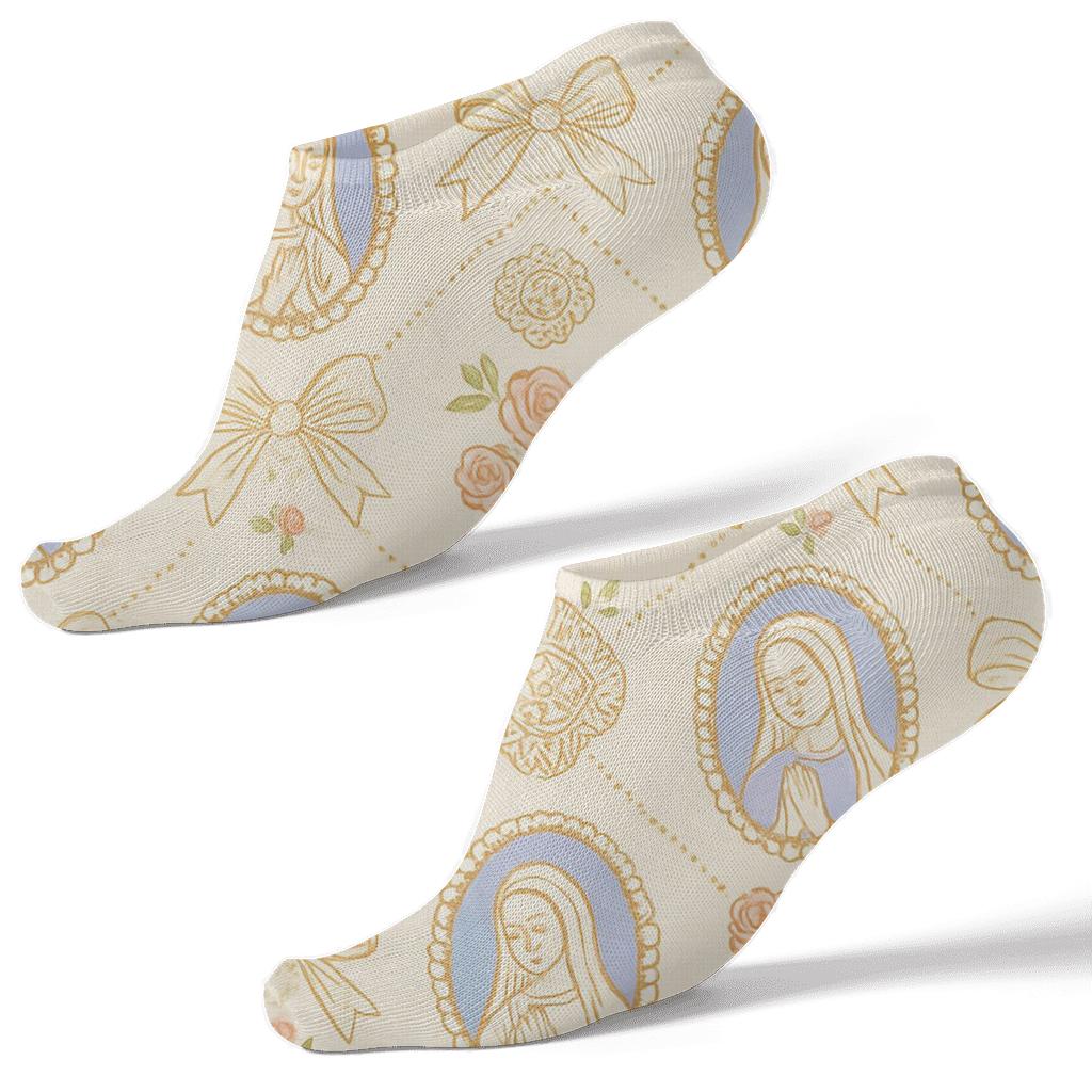 Ribbon Lattice Mary Cameos On Linen Cream custom ankle socks