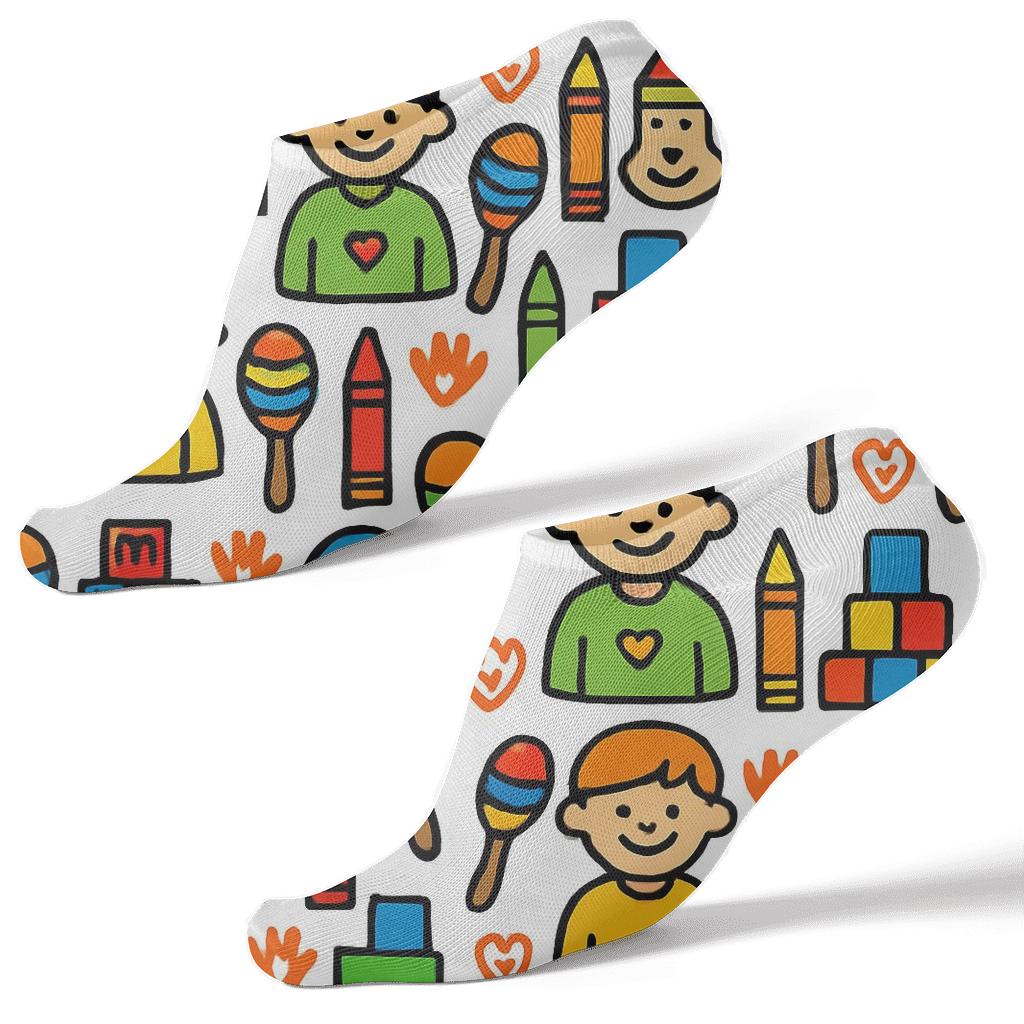 Playtime Grid With Childcare Worker Motifs designer print ankle socks