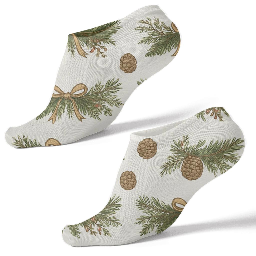 Vintage Botanical Poster Look With Evergreen Branches Garland Grid designer print ankle socks