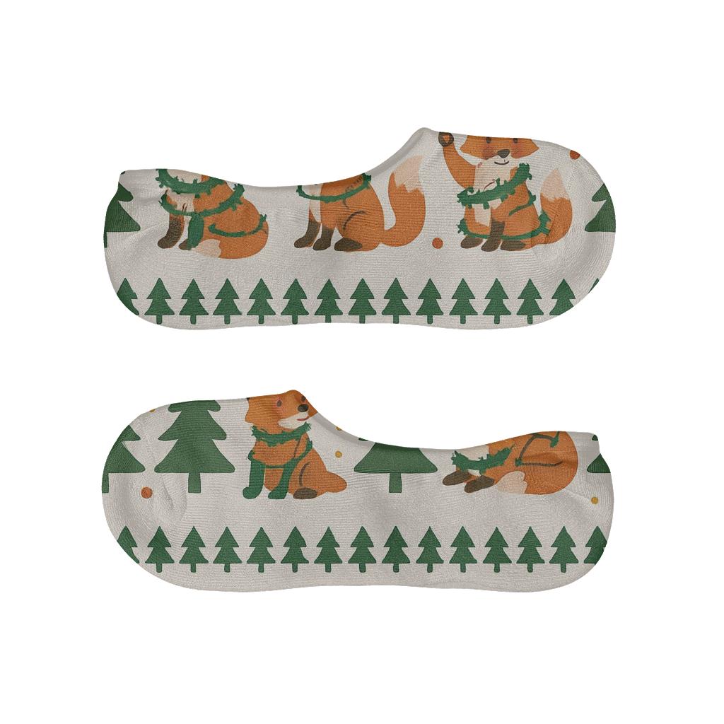 Green Christmas Tree Fox Stripe Repeat On Ivory Background designer print no-show socks