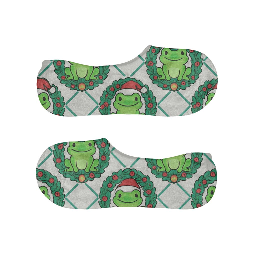 Teal Wreath Frog Lattice On White Background soft cotton no-show socks