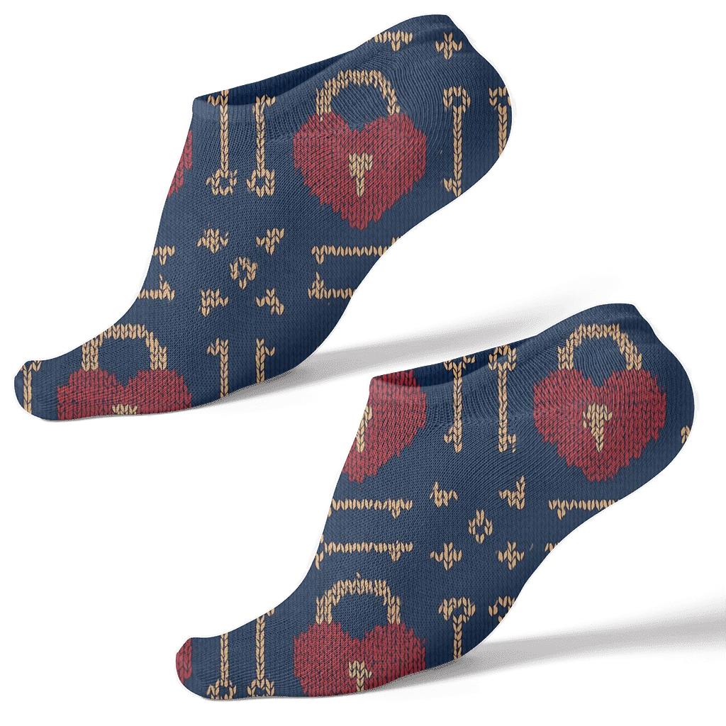 Valentines Heartshaped Lock And Key Knitwork Illusion Tiles designer print ankle socks