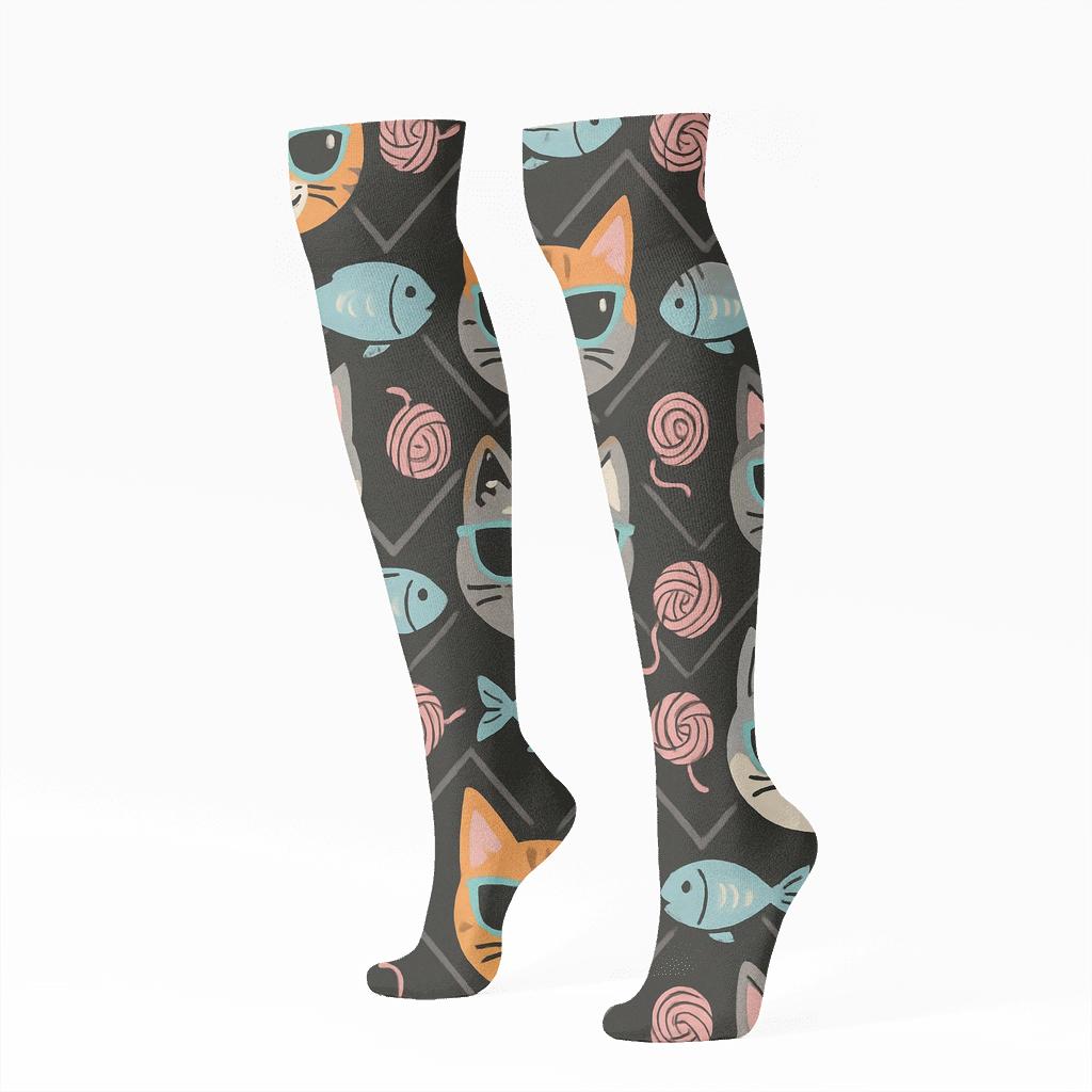 Playful Cats In Sunglasses With Cat Toy Lattice comfortable cotton knee-high socks