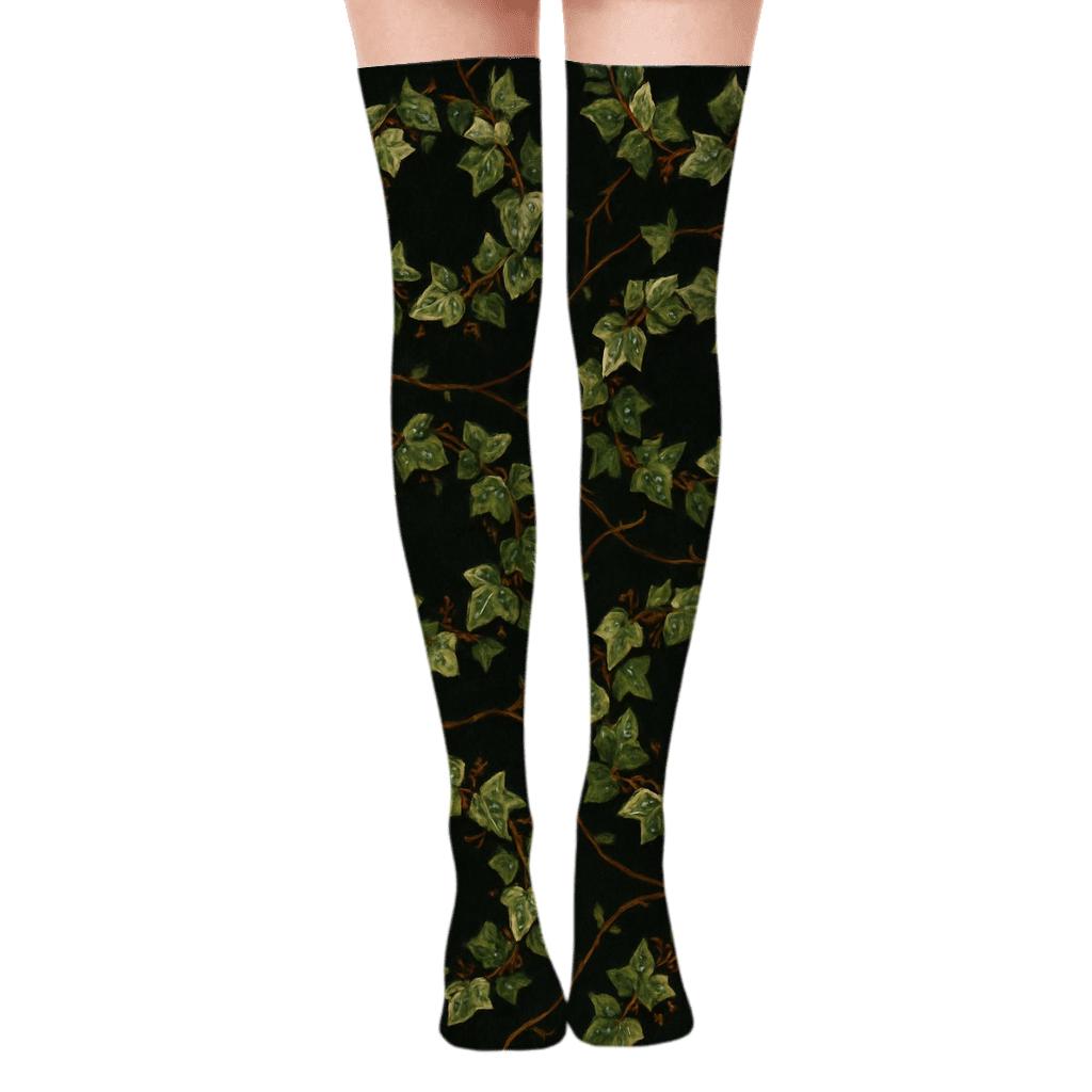 Dewdrop Ivy Medallions On Deep Olive designer print over-the-knee socks
