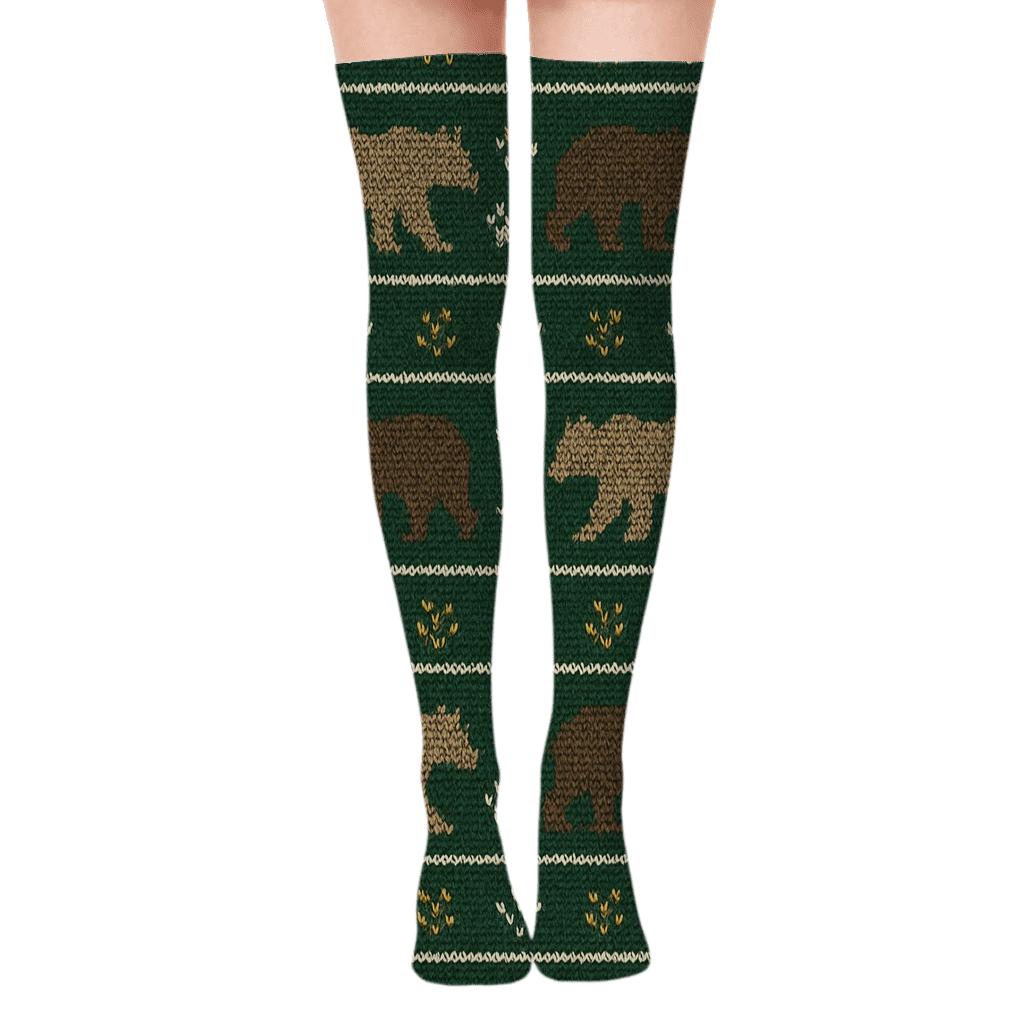 Knitted Forest Bands With Bear Silhouettes designer print over-the-knee socks