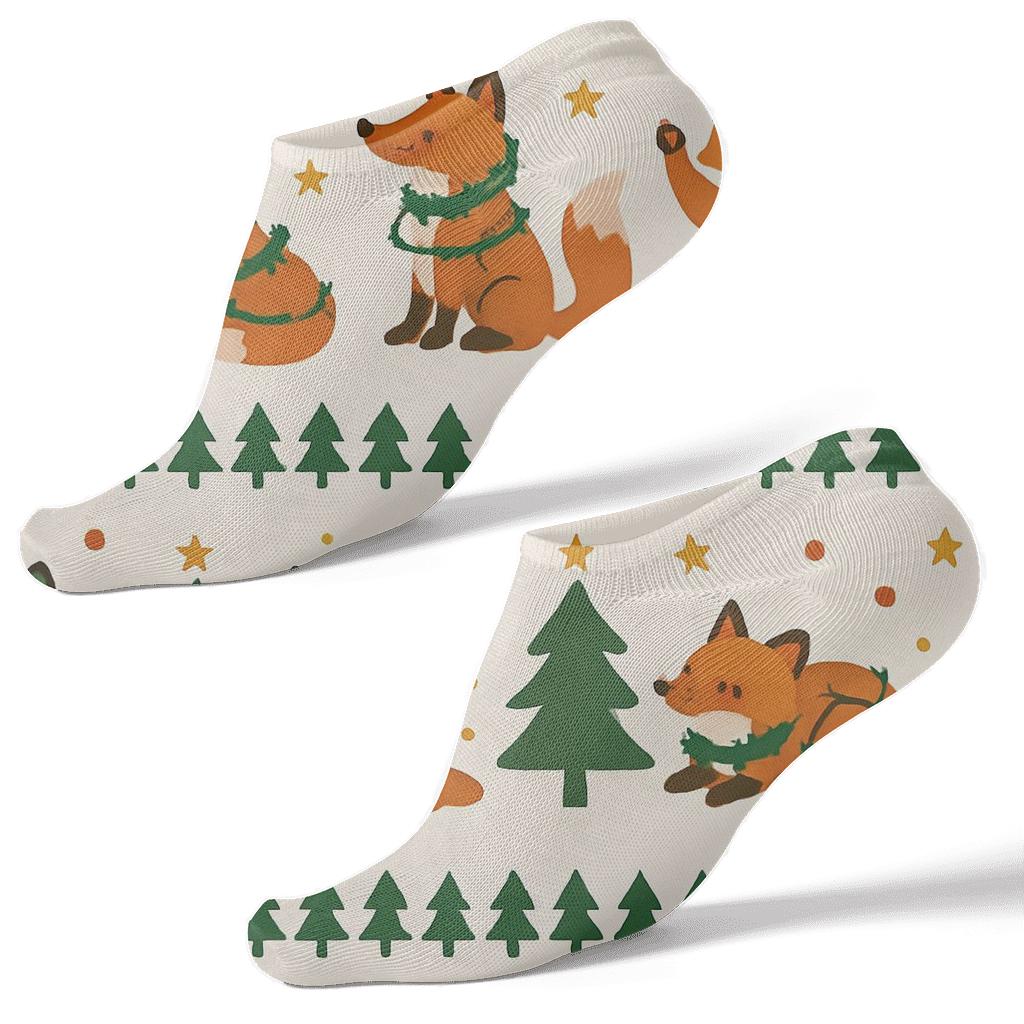 Green Christmas Tree Fox Stripe Repeat On Ivory Background soft everyday ankle socks
