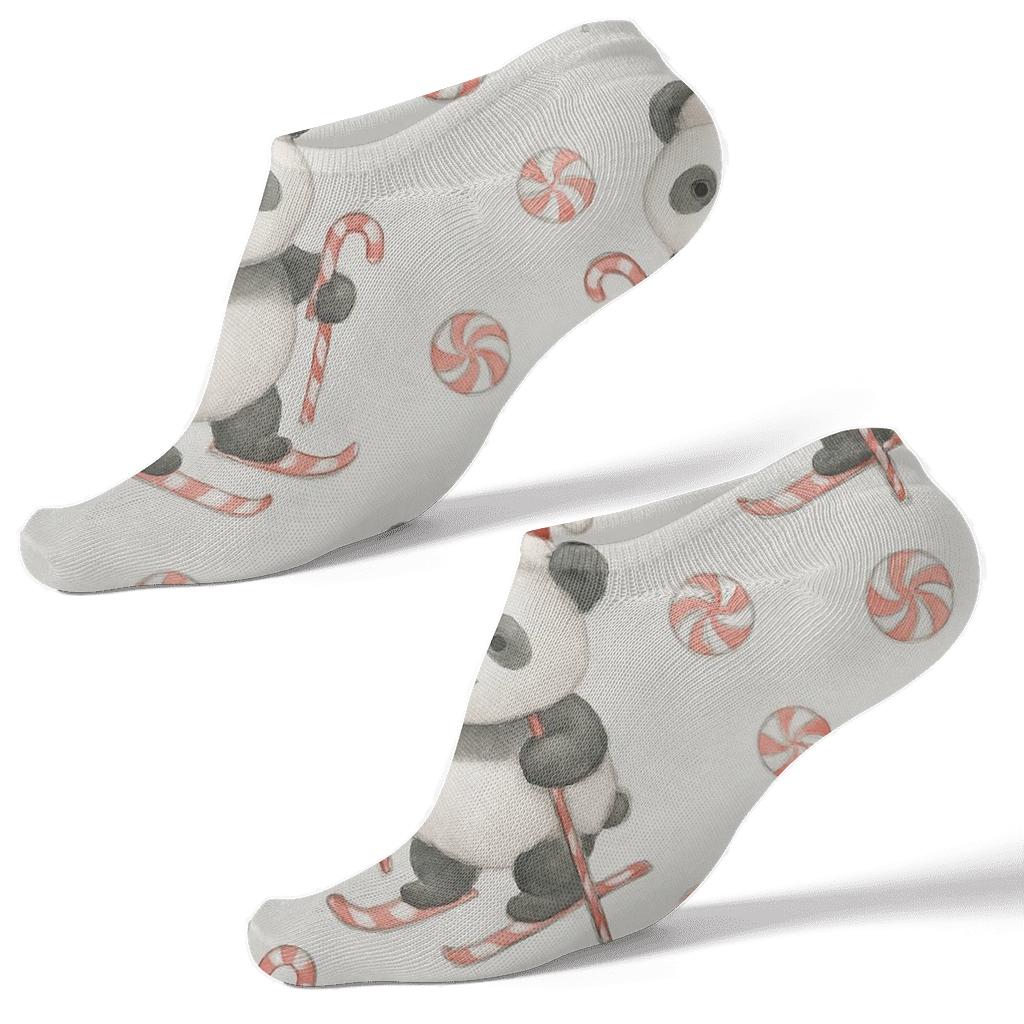 Pastel Candy Cane Panda Scatter On Light Gray Background designer print ankle socks