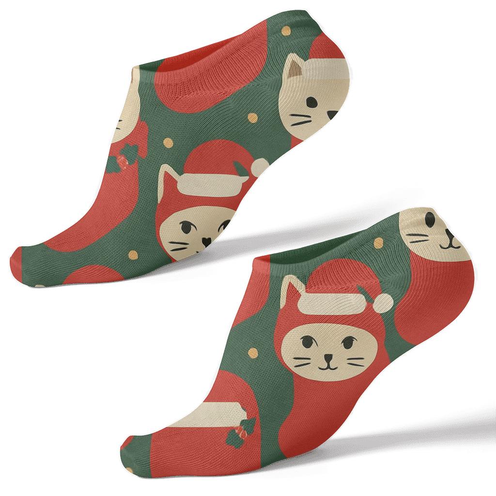 Red Stocking Cat Portrait Tiles On Green Background comfortable cotton ankle socks