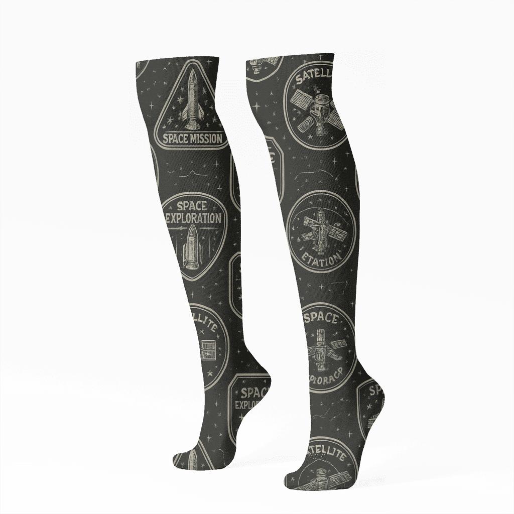 Metallic Silver Mission Patch Grid On Black Background soft everyday knee-high socks