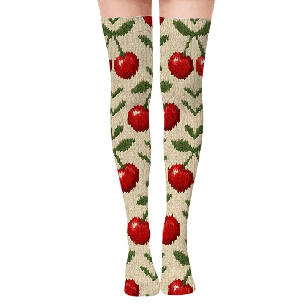 Knitted Illusion Paired Motif Cherry stylish fashion over-the-knee socks