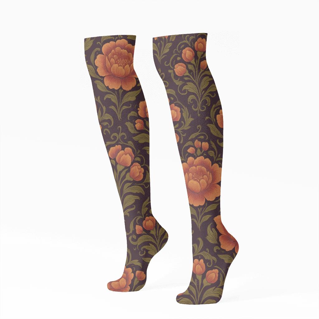 Sunset Peony Medallion Tiles On Deep Plum Background trendy patterned knee-high socks